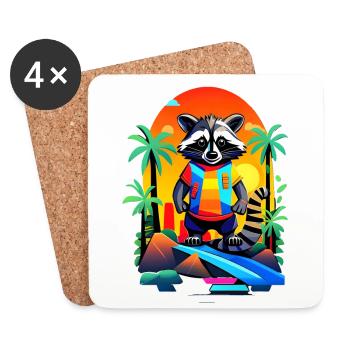 Retro Raccoon in Tropical Sunset - Coasters (set of 4) - white - Front