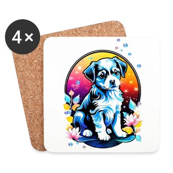 Chiot mignon avec des fleurs de lotus - Dessous de verre (lot de 4) - blanc - Devant