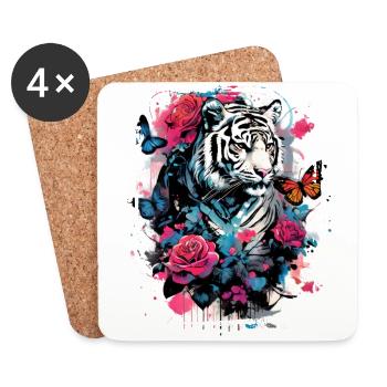 Majestic tiger with butterflies and roses - Coasters (set of 4) - white - Front