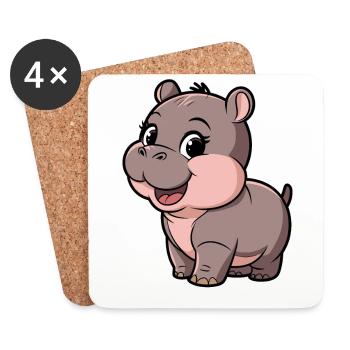 Niedliches Moo Deng Hippo Cartoon-Design - Untersetzer (4er-Set) - Weiß - Vorne