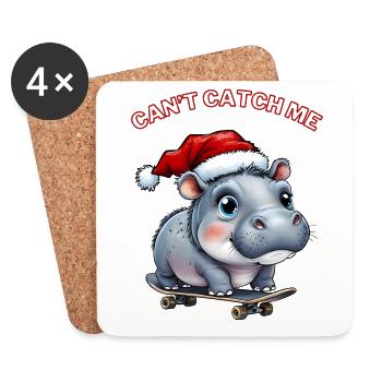 Moo Deng with Santa hat and skateboard - Coasters (set of 4) - white - Front