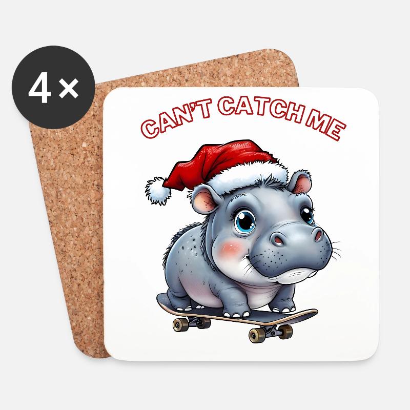 Moo Deng mit Weihnachtsmütze und Skateboard - Untersetzer (4er-Set) - Weiß