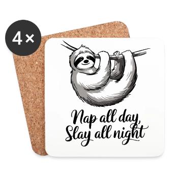 Nap All Day, Slay All Night Sloth Design - Coasters (set of 4) - white - Front