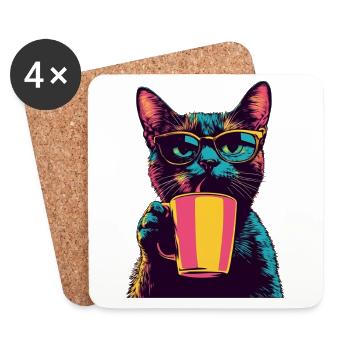 Retro Katze mit Brille & Kaffee - Untersetzer (4er-Set) - Weiß - Vorne