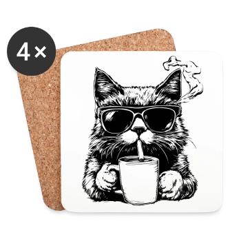 Cool : Chat avec des lunettes de soleil, une cigarette et du café - Dessous de verre (lot de 4) - blanc - Devant
