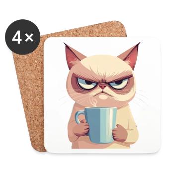 Grumpy-Stil: Grantige Katze mit Kaffee - Untersetzer (4er-Set) - Weiß - Vorne