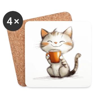 Chat heureux avec du café - Dessous de verre (lot de 4) - blanc - Devant