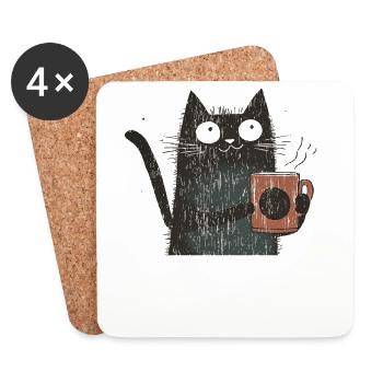 Vintage: Katze mit Kaffee im Holzstil - Untersetzer (4er-Set) - Weiß - Vorne