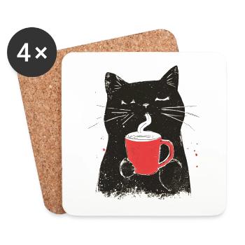 Vintage Katze mit Kaffee - Linolschnitt-Stil - Untersetzer (4er-Set) - Weiß - Vorne