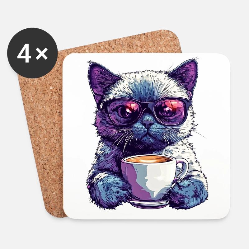 Coole Katze mit Brille & Kaffee-Flair - Untersetzer (4er-Set) - Weiß