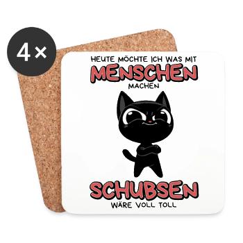 Menschen schubsen: Lustige schwarze Katze mit Plan - Untersetzer (4er-Set) - Weiß - Vorne