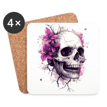 Schädel mit pinken Blumen & Farbklecksen - Untersetzer (4er-Set) - Weiß - Vorne