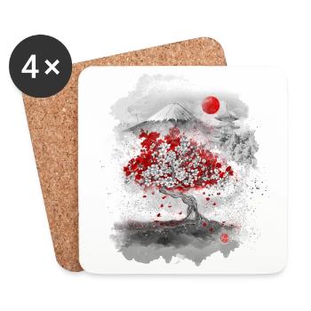 Mount Fuji behind a cherry tree - Coasters (set of 4) - white - Front