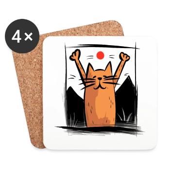 Japanese Red Sun, Happy Cat - Coasters (set of 4) - white - Front