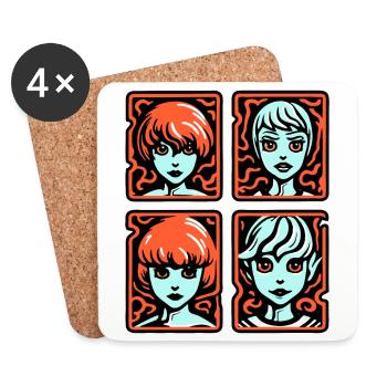 Cartoon Manga Anime Girl: 4 Portraits - Coasters (set of 4) - white - Front