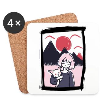 Japon sous le soleil rouge, fille et animal de compagnie - Dessous de verre (lot de 4) - blanc - Devant