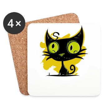 Modern Art: Black and Green Cat - Coasters (set of 4) - white - Front