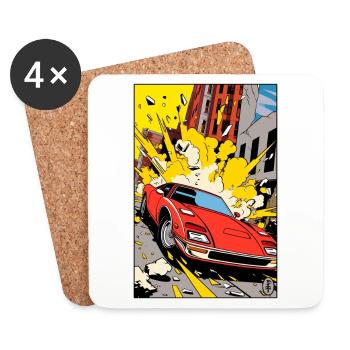 Pop Art Cartoon Sports Car Action - Dessous de verre (lot de 4) - blanc - Devant
