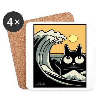 Japon Grande Vague Kanagawa Beach Retro Cat - Dessous de verre (lot de 4) - blanc - Devant