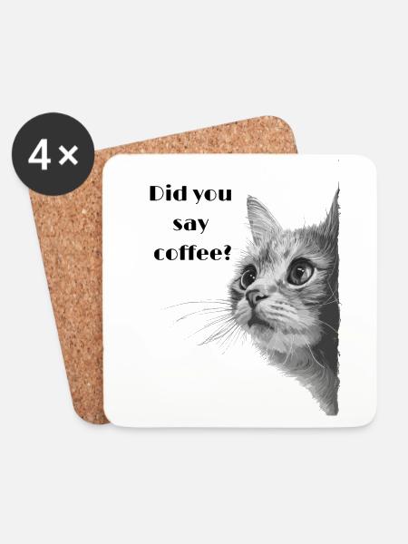 gray white cat asks for coffee - Coasters (set of 4) - white