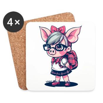Back To School: Nerd Schoolgirl Pig - Coasters (set of 4) - white - Front