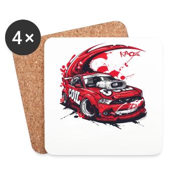 Rotes Sportwagen-Cartoon: Japan JDM Turbo Speed - Untersetzer (4er-Set) - Weiß - Vorne