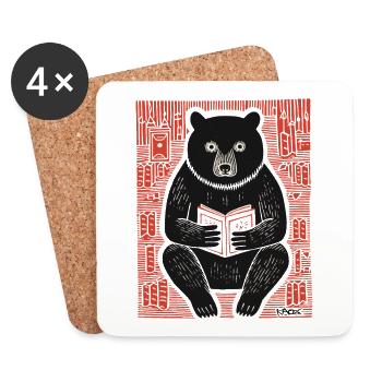 A cartoon of a bear reading a book - Coasters (set of 4) - white - Front