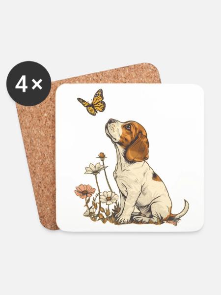 Beagle und Schmetterling - Untersetzer (4er-Set) - Weiß