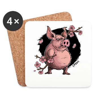 The Japan Sakura Cherry Blossom Pig - Coasters (set of 4) - white - Front