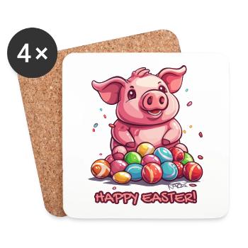 Fröhliches Osterfest: Glückliches Schwein Osterei - Untersetzer (4er-Set) - Weiß - Vorne
