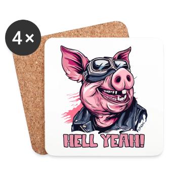 Hell Yeah, Motorrad-Biker-Schwein - Untersetzer (4er-Set) - Weiß - Vorne