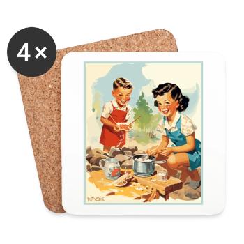 50s kids preparing food while camping - Coasters (set of 4) - white - Front