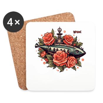 Fisch-U-Boot mit Rosen und Blumen - Untersetzer (4er-Set) - Weiß - Vorne