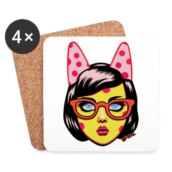 50s Polka Dot Anime Cartoon Bunny Girl - Coasters (set of 4) - white - Front