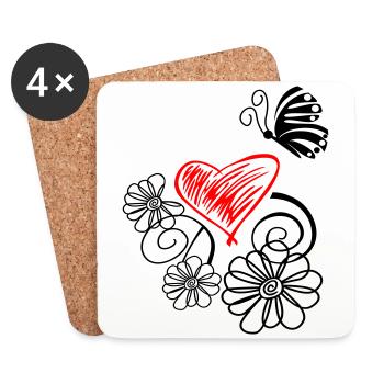 Blume mit Herz und Schmetterling - Untersetzer (4er-Set) - Weiß - Vorne