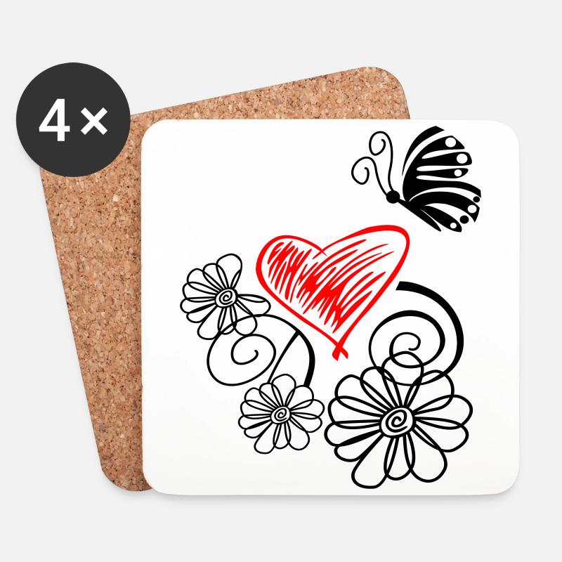 Blume mit Herz und Schmetterling - Untersetzer (4er-Set) - Weiß