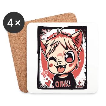 Freches kleines Anime-Kinder-Schweinchen, Oink! - Untersetzer (4er-Set) - Weiß - Vorne
