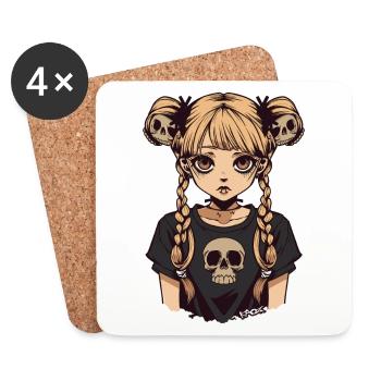 Anime Emo Mädchen mit Zöpfen und Totenköpfen - Untersetzer (4er-Set) - Weiß - Vorne