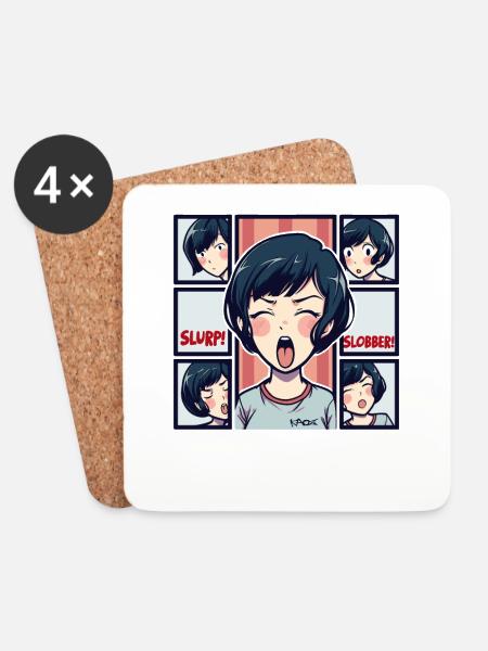 Anime Mädchen trainiert Ramen Nudeln schlürfen - Untersetzer (4er-Set) - Weiß