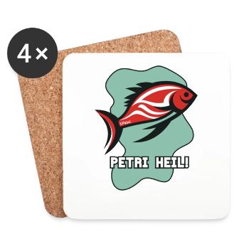 Poisson-grenouille, Pêcheur, Poisson, Canne à pêche : Petri Heil - Dessous de verre (lot de 4) - blanc - Devant
