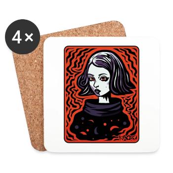 Dessin animé gravure sur bois Art femme - Dessous de verre (lot de 4) - blanc - Devant