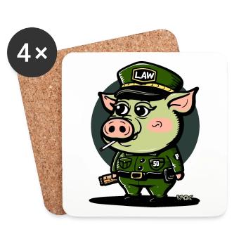 Police, loi et ordre et cochon drôle - Dessous de verre (lot de 4) - blanc - Devant