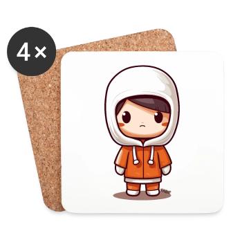 Mignon Kawaii Chibi Kid avec veste à capuche - Dessous de verre (lot de 4) - blanc - Devant