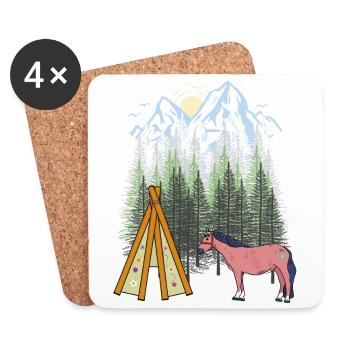 Shaman Horse Teepee Mountain Mountains Forest Nature USA - Coasters (set of 4) - white - Front