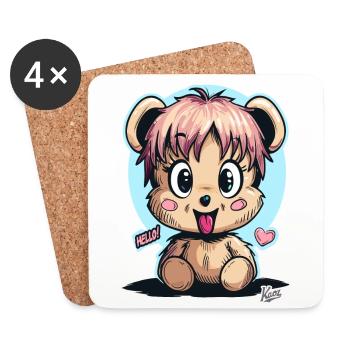 Cute and Funny Cuddly Bear: Hello - Coasters (set of 4) - white - Front