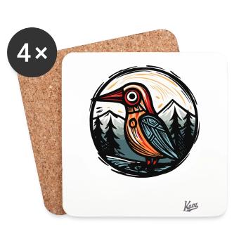 Holzschnitt Natur: Bäume und ein Vogel - Untersetzer (4er-Set) - Weiß - Vorne