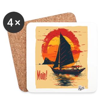 Goldene Sonne über einem Schiff – MOIN! - Untersetzer (4er-Set) - Weiß - Vorne