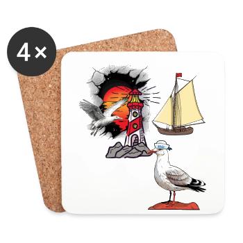 maritime, seagull, seagulls, lighthouse, sailing ship, ship - Coasters (set of 4) - white - Front
