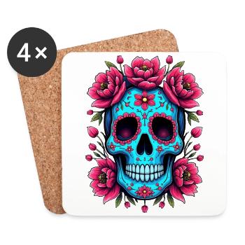 Tête de mort mexicaine sugar skull calavera fleurs - Dessous de verre (lot de 4) - blanc - Devant