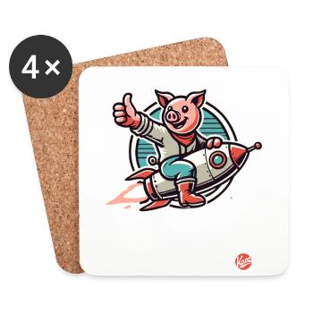 Thumbs up, a pig on a rocket - Coasters (set of 4) - white - Front